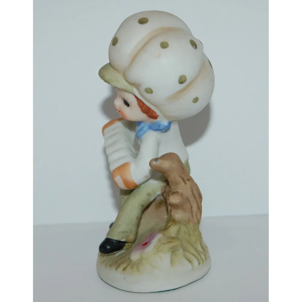 VTG Boy Sitting Playing Accordion Ceramic Figurine Mushroom Hat Green Polka Dots